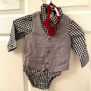 Carters boys vest and black plaid collared shirt with red bow tie size 18 month